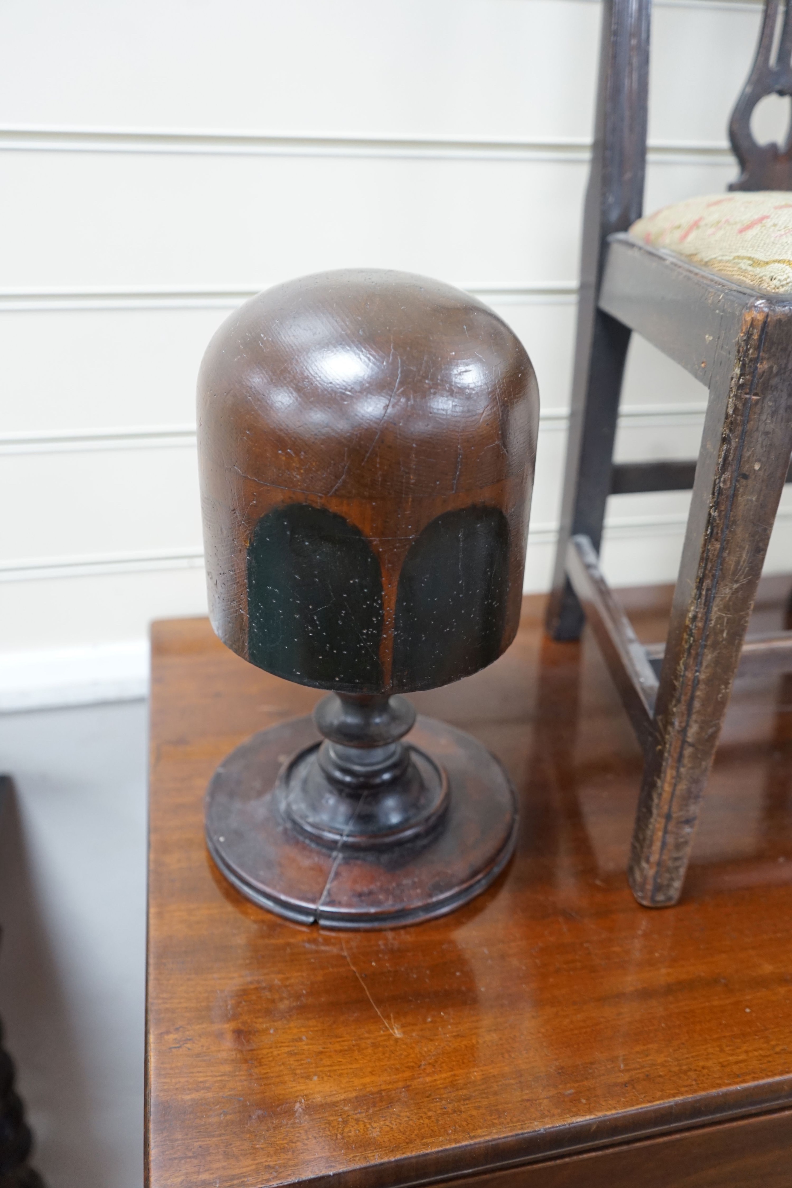 A George III Hepplewhite period mahogany child's chair, height 65cm together with a Victorian hat block